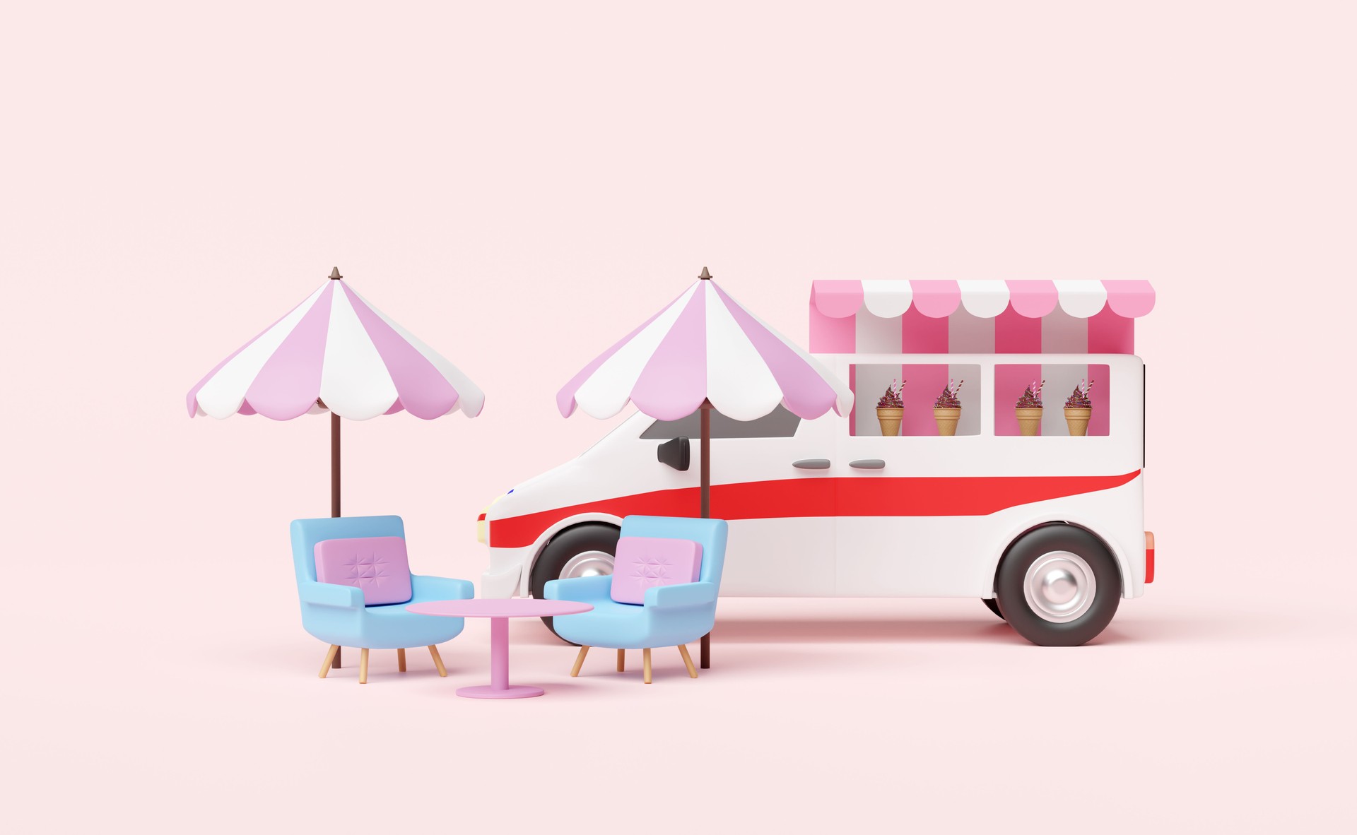 food truck vehicle with ice cream showcases or fridge,coffee table, umbrella isolated on pink  background,3d illustration or 3d render
